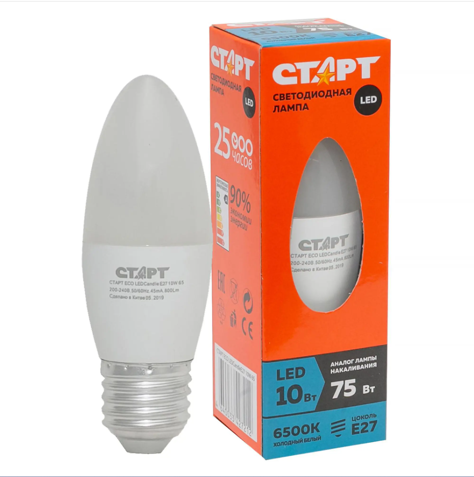 Лампа СТАРТ WS E27 LEDCandle 10W 65 свеча холодный белый свет